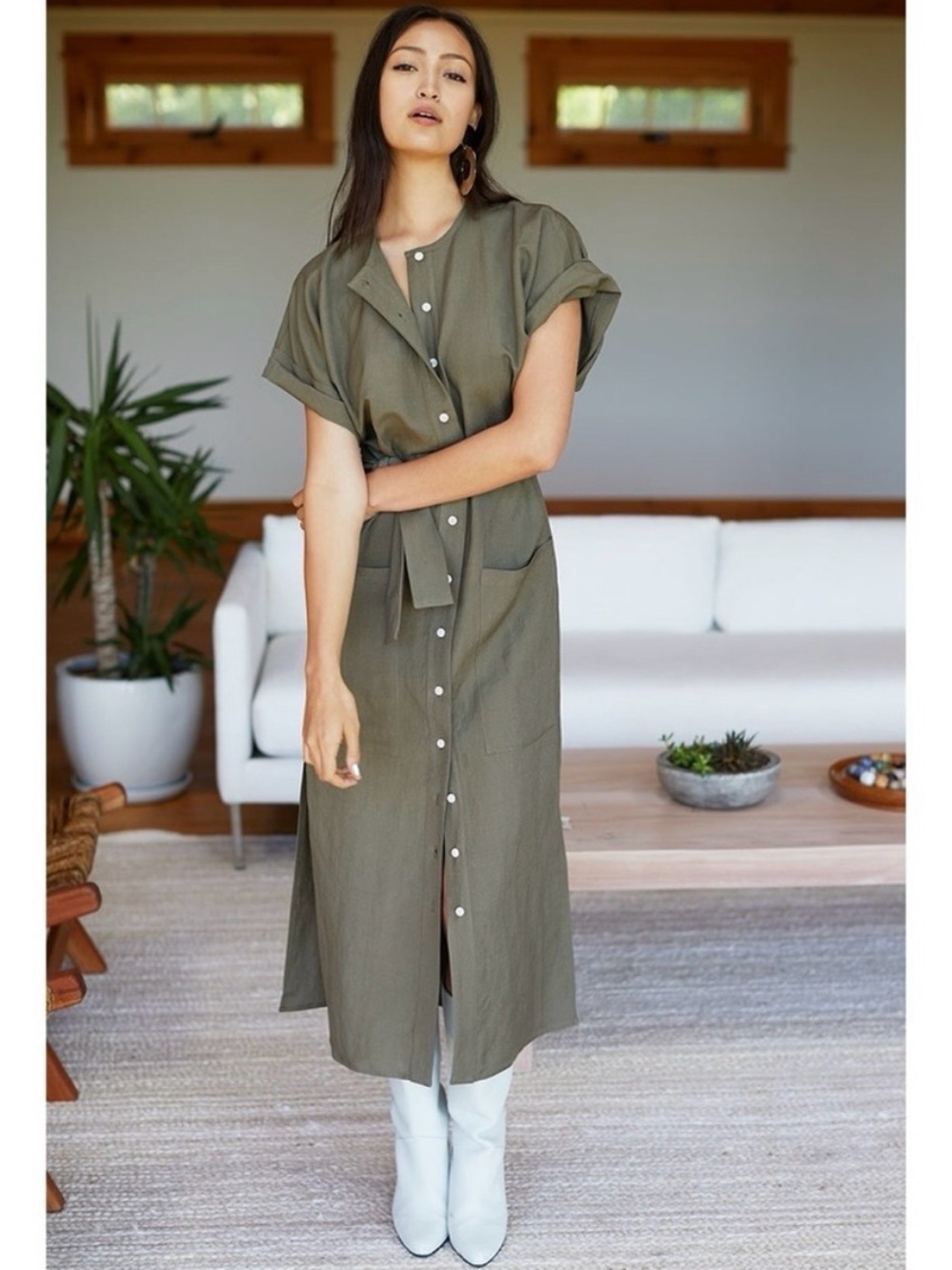 Emerson Fry Linen Dress M Green Belted Shirt Midi Dress